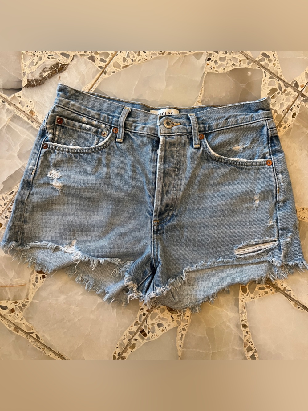 AGOLDE Parker Distressed Denim Cutoff Shorts Light Blue Size 25